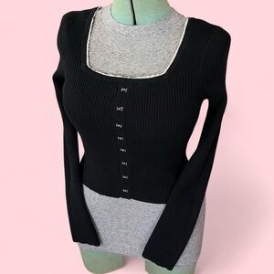 Cute Vintage Y2K Ribbed Square Neck Fitted Crop Top Long Sleeve 00s Minimalist